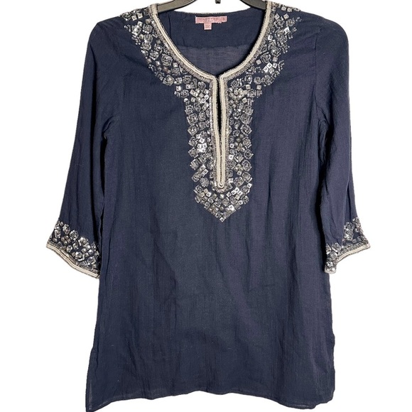 Calypso St. Barth Sequined Beaded Tunic Top Gauzy 100% Cotton India Small‎ - Picture 1 of 14